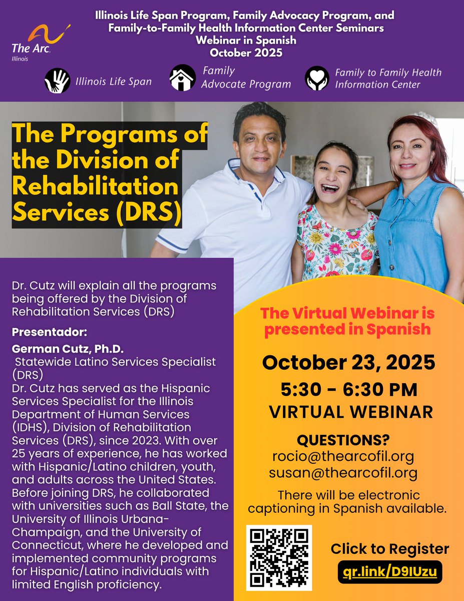 ✨Join two virtual webinars TODAY!
Guardianship (English/Spanish captioning) &amp; DRS (Spanish)
Guardianship
Register: qr.link/XsYPvI
The Programs of DRS
Register: qr.link/D9IUzu
#TheArcofIllinois #FamilySupport #Guardianship #DecisionMaking #DRS