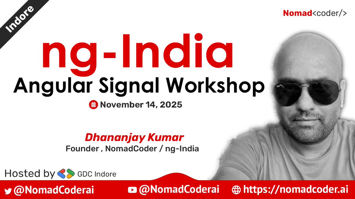 nomadcoderai's tweet image. Are you in Indore? Join @nomadcoderai free workshop in partnership with @GDG_Indore on Angular Signals.
Workshop Title - ng-India Angular Signal Workshop
Trainer - @debug_mode
Agenda and RSVP here - nomadcoder.ai/event/10
#ngIndia #nomadcoder #gdgIndore #angular