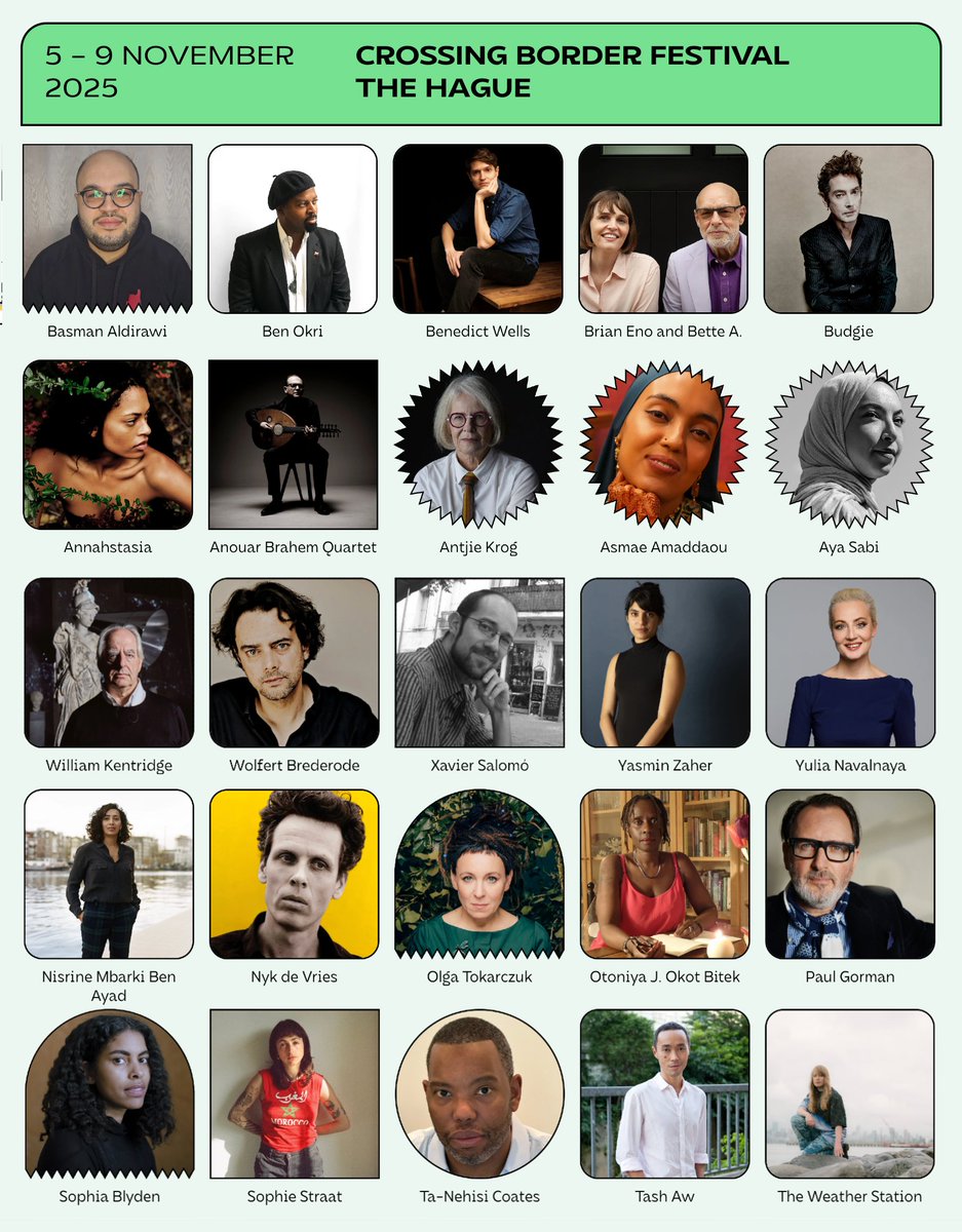 Nykdevries's tweet image. Vrijdag 7 nov. treed ik op op @crossingborder te Den Haag. Het festival vindt plaats van 5 t/m 9 november met een prachtige line-up, met Brian Eno, Antjie Krog, Olga Tokarczuk, Yulia Navalnaya, William Kentridge en vele anderen. Meer info:
crossingborder.nl/nl/events/Nyk-…