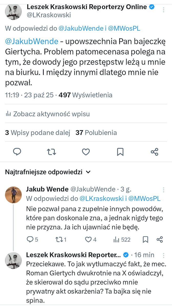 LKraskowski's tweet image. Ludzie często mnie pytają czy mec. Roman Giertych mnie pozwał.
Otóż - wbrew temu, co dwukrotnie napisał na X - nie. 
Nie dostałem ani pozwu cywilnego ani prywatnego aktu oskarżenia.