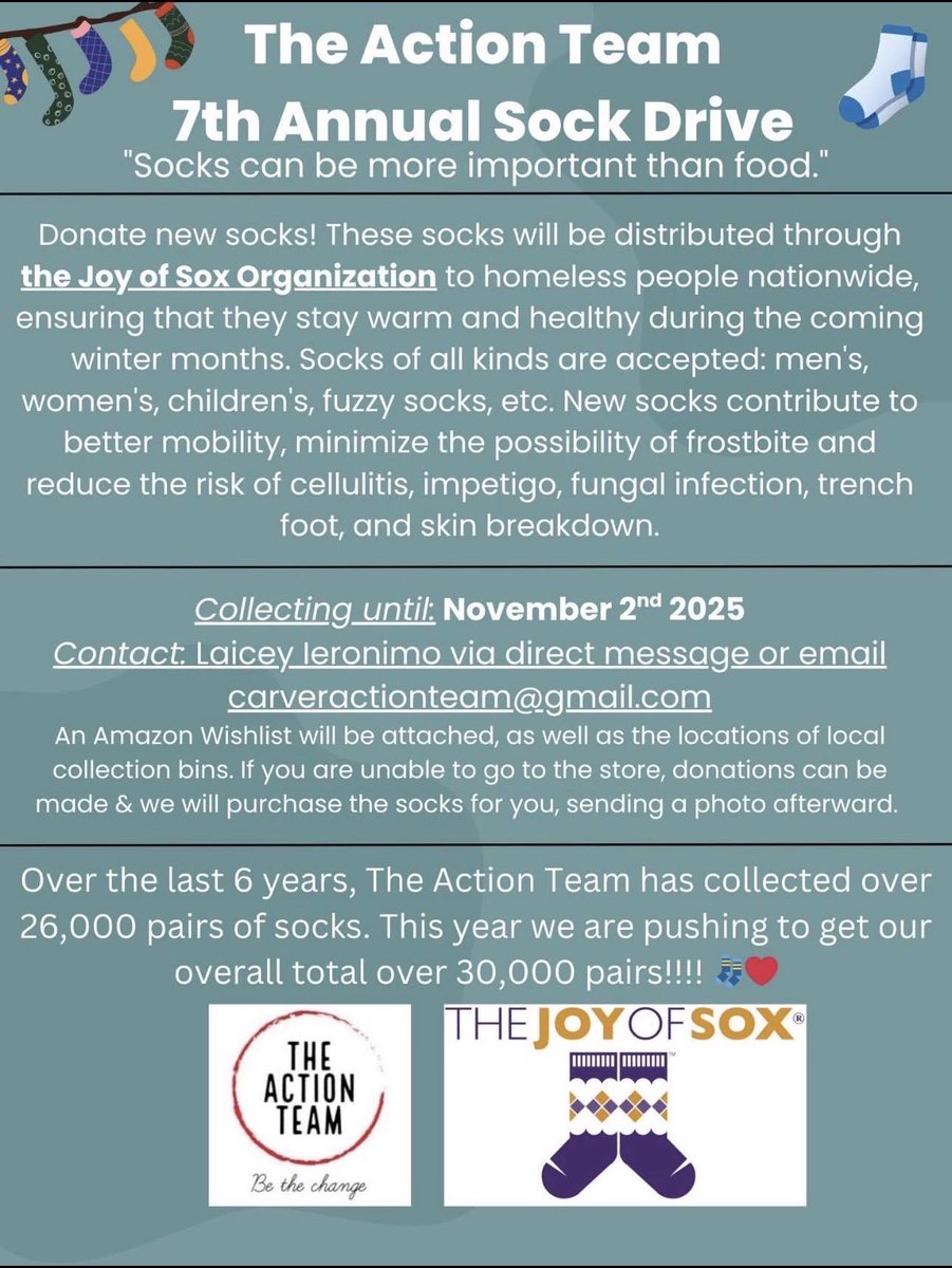 SOCK DRIVE! 
Still time to donate a pair of socks!