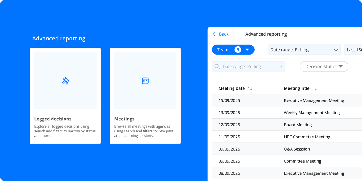 decisions's tweet photo. 🔍 Want to see the full story behind your meetings and decisions?

Decisions gives you deeper insight into what's been decided in meetings, where and by whom.

You can also review all meetings that have an agenda, making it easy to spot when a decision wasn't captured. https://t.co/FJDgqCnCNH