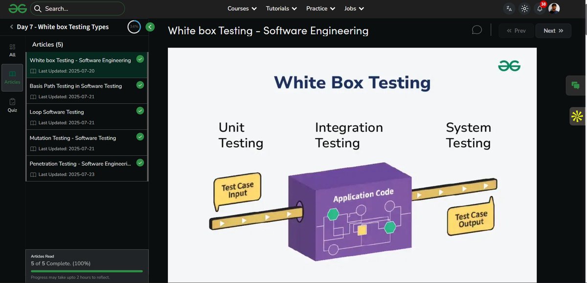 Dhyeychauhan3's tweet image. Day 7 of my #SoftwareTesting SkillUp Journey with
@geeksforgeeks 🚀
Today’s topic: #WhiteBoxTesting 🧩
Learned Basis Path &amp;amp; Loop Testing
Explored Mutation &amp;amp; Penetration Testing
#skillupwithgfg &amp;amp; #nationskillup
NationSkillUp Course 🔗 lnkd.in/gMiiW3_n