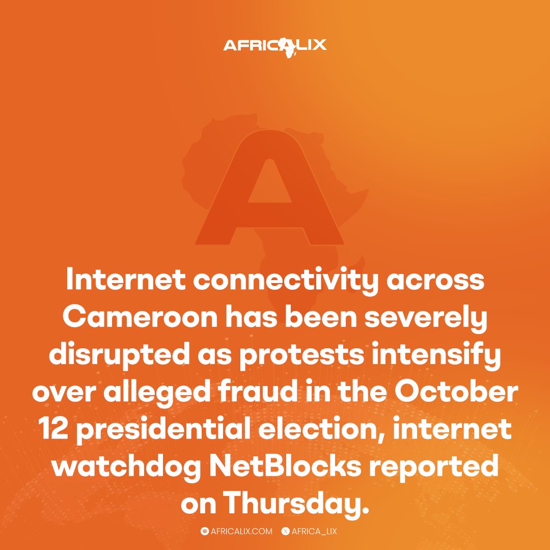 Africa_lix's tweet image. Cameroon Faces Major Internet Disruptions Amid Post-Election Protests

“We can confirm a significant, ongoing disruption to internet connectivity in Cameroon which may limit coverage of events on the ground,” #NetBlocks told Reuters.