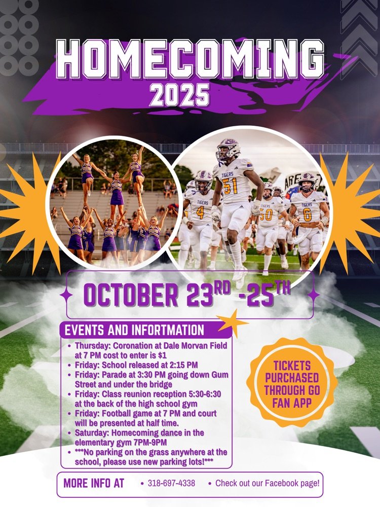 Happy Homecoming!💜🐅💛

Here is a list of events and reminders. We cannot wait to celebrate with everyone!