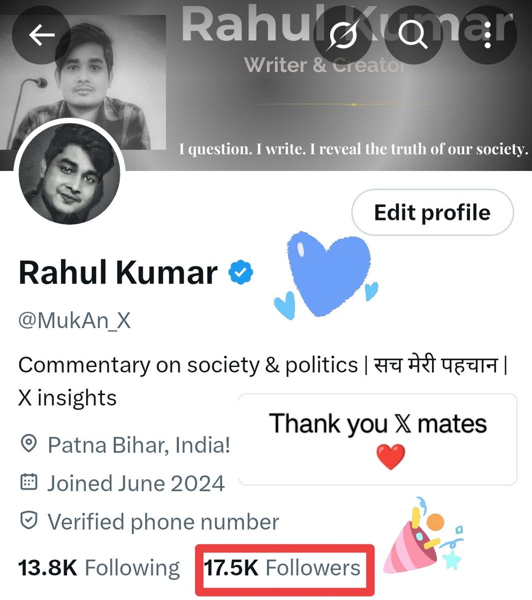 Rahul Kumar (@mukan_x) on Twitter photo 16 तारीख को 17000 का परिवार पूरा हुआ था आज 7 दिन में बढ़कर 17500 का हो गया।
जितने भी सोशल मीडिया प्लेटफॉर्म हैं उसमे सबसे ज्यादा सपोर्टिव लोग 𝕏 पर ही हैं।
आप सभी का बहुत-बहुत धन्यवाद।
➖
अब आप लोग मुझे बधाई दे सकते हैं।
😌 16 तारीख को 17000 का परिवार पूरा हुआ था आज 7 दिन में बढ़कर 17500 का हो गया।
जितने भी सोशल मीडिया प्लेटफॉर्म हैं उसमे सबसे ज्यादा सपोर्टिव लोग 𝕏 पर ही हैं।
आप सभी का बहुत-बहुत धन्यवाद।
➖
अब आप लोग मुझे बधाई दे सकते हैं।
😌