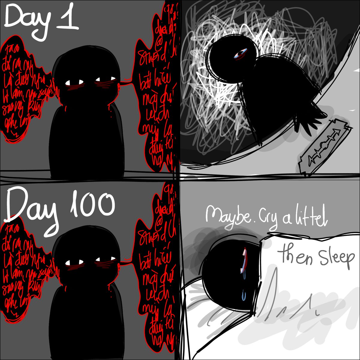 I used to s/h. It started small, but I got dependent on it. Then I realized it didn’t help — it only left scars. It was hard to stop, but day by day I tried. Now I’ve finally left it behind. At least, I’ve learned to care about myself more :'3