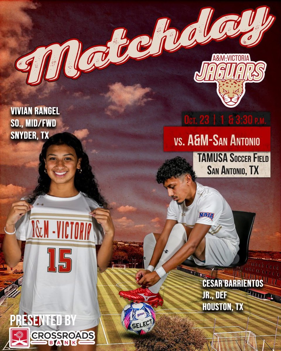 Rivalry re-ignited

BATTLE OF THE BIG CATS
🆚Texas A&amp;M-San Antonio
🏟 TAMUSA Soccer Field
📍San Antonio, TX
⏰1 p.m. / 3:30 p.m.
📊TAMUVAthletics.com
📺YouTube.com/@TAMUSAJaguarS… 

#GoFirst #UpTheJags <a href="/tamuvjaguars/">A&M-Victoria Jaguars Athletics</a>
