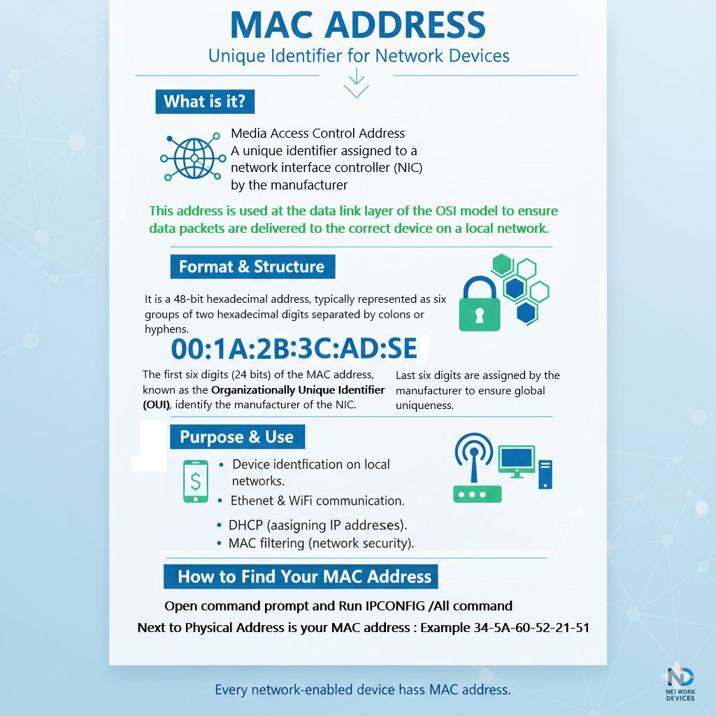 windows_cult's tweet photo. A MAC address (Media Access Control address) is a unique hardware identifier assigned to a device’s network interface card (#NIC). It helps devices communicate within a local network (#LAN).
Example: 00:1A:2B:3C:4D:5E
#MAC #IP #Networking #technology #Tech #whatis #MACADDRESS https://t.co/h3m6IRaR5Q