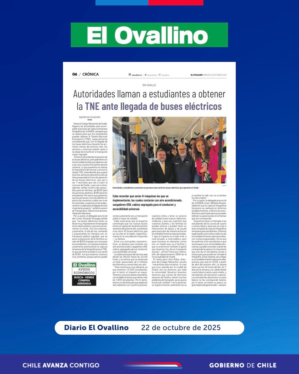 #PrensaMTT🗞️ <a href="/elovallino/">Diario El Ovallino</a> informa sobre sobre el llamado de las autoridades para que los estudiantes obtengan su TNE ante la llegada de los buses eléctricos a #Ovalle. 

🪪Con el pase escolar, los estudiantes pagarán $160.