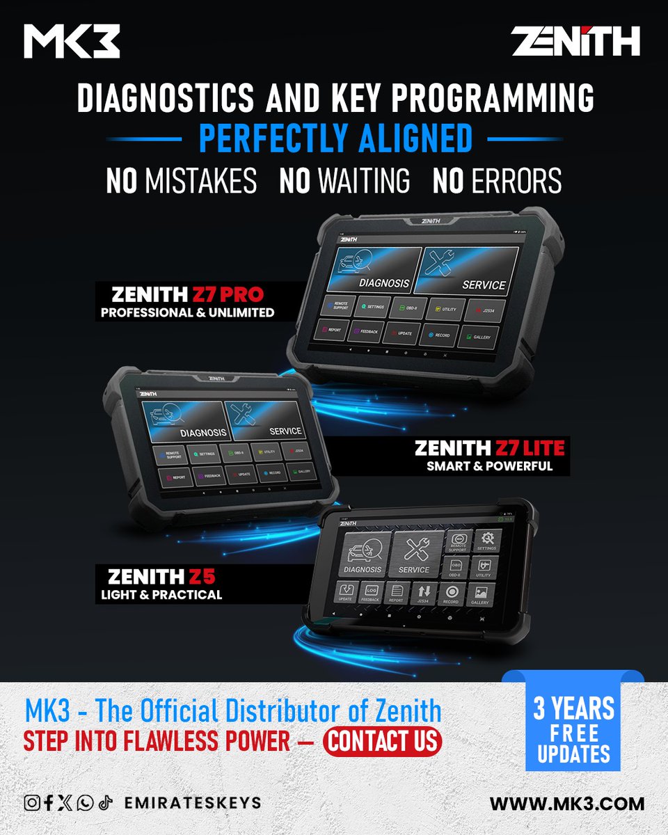 NDelhiEmirKeys's tweet image. 🚀 Upgrade your workshop with Zenith! Powerful, precise, and reliable — backed by MK3, the Official Distributor. 💪 Get yours now with 3 YEARS FREE updates! ✅
📱 +971525004707
#MK3 #ZenithTools #KeyProgramming #Diagnostics #AutomotiveTools #CarDiagnostics #EmiratesKeys #Zenith