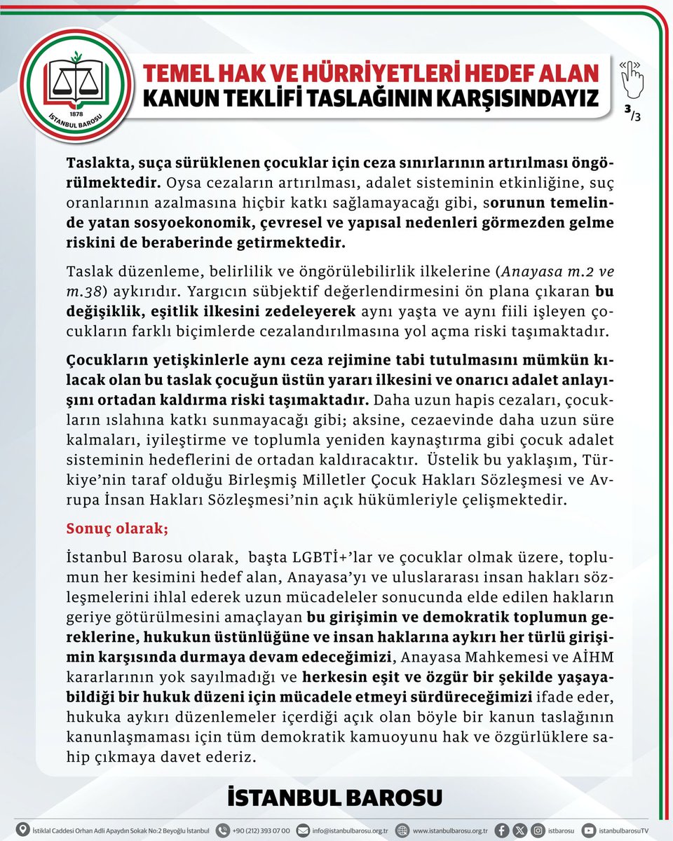 istbarosu's tweet photo. Temel haklar ve özgürlükler geri alınamaz.

İstanbul Barosu olarak; LGBTİ+’ların, çocukların ve toplumun tüm kesimlerinin haklarını geriye götürmeyi amaçlayan, Anayasa’ya ve uluslararası insan hakları sözleşmelerine aykırı düzenlemelere karşı duruyoruz.
Eşit, özgür ve hukuk devleti ilkelerine dayalı bir düzen için mücadelemiz sürecek.