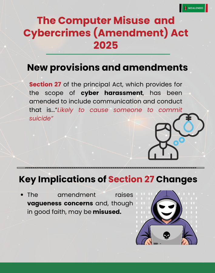 <a href="/BungeLaMayut/">Bunge La Mayut- Kenya</a> <a href="/AfUncensored/">Africa Uncensored</a> <a href="/KICTANet/">KICTANet</a> <a href="/carole_gaita/">Caroline Gaita</a> <a href="/TIKenya/">TI-Kenya</a> <a href="/Pawa254/">PAWA254</a> <a href="/siasaplace/">Siasa Place</a> <a href="/NerimaW/">Nerima Wako</a> <a href="/GWamere/">Gitungo</a> <a href="/Twaweza_Ke/">Twaweza Kenya</a> <a href="/youthagenda254/">The Youth Agenda</a> <a href="/BakeKenya/">BAKE Kenya 🇰🇪</a> <a href="/TribelessYouth/">#UsaniiUwaziNaUwajibikaji</a> <a href="/KaranjaMatindi/">Karanja Matindi #LindaKatiba 🇰🇪</a> Section 27 of the principal Act of 2018 has been amended to include communication and conduct that is ..."likely to cause someone to commit suicide" in the broadened scope of cyber harassment. 

Though in good faith, the amendment raises concerns over its vagueness as it may be