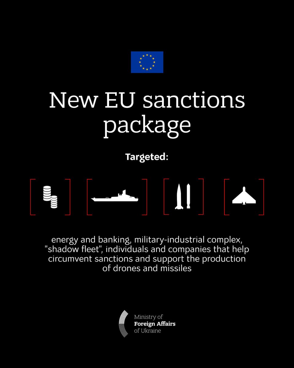 🇺🇦🇪🇺 The EU has adopted its 19th package of sanctions against Russia.

The package includes a ban on Russian LNG imports into the EU, tighter restrictions on two major Russian state-owned oil producers Rosneft and Gazprom Neft, sanctions on the shadow fleet transporting Russian