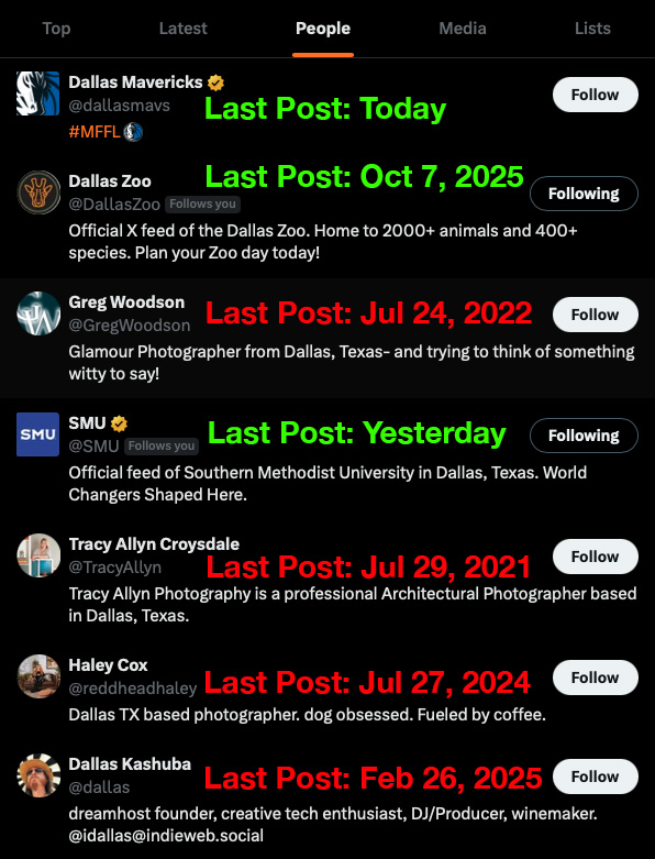 Dear <a href="/X/">X</a> and <a href="/elonmusk/">Elon Musk</a>,

It's time to take out the garbage on X.

While looking for accounts to follow in Dallas, I see more inactive accounts than active ones.

Four of the top seven accounts X suggested for Dallas are inactive. Maybe you should not be suggesting these account.