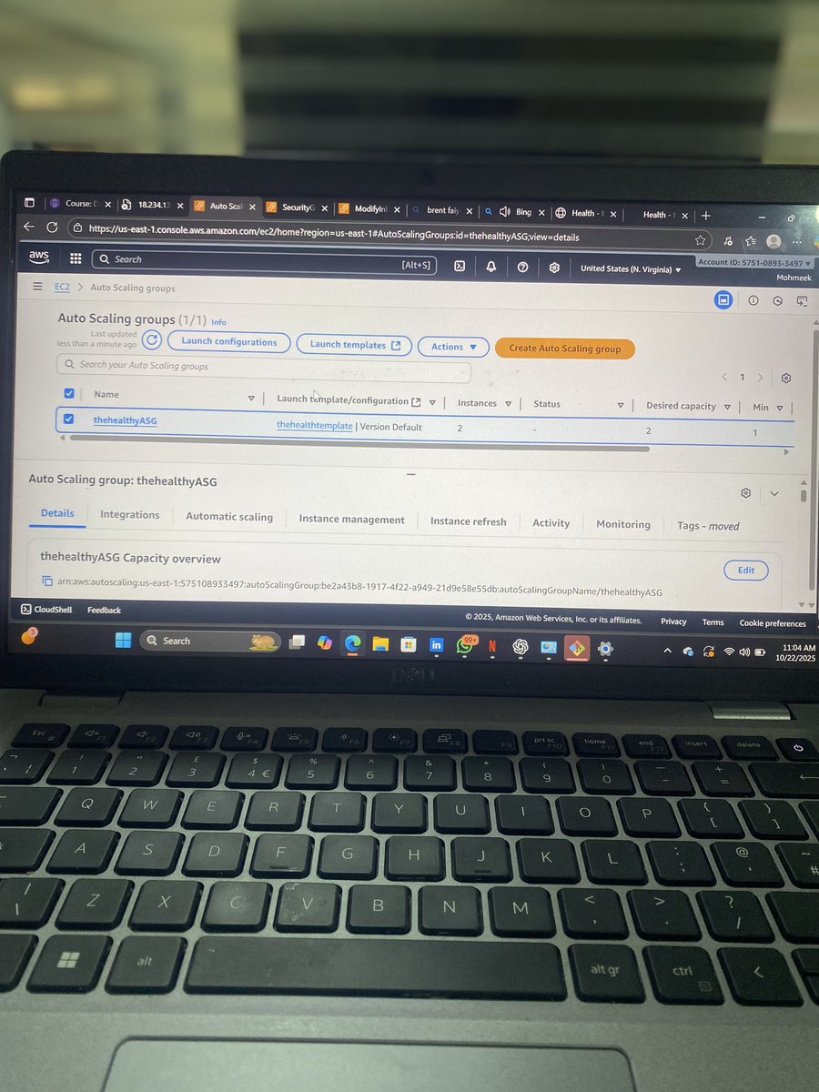 imeek_'s tweet image. 🚀Day 53 of my #DevOpsJourney
 
Set up an Auto Scaling Group in AWS!

•Created AMI → Launch Template
•Added Target Group + Load Balancer
•ASG: min 1 | desired 2 | max 3
•Linked CloudWatch for alerts

AWS scaled down from 3→2 instances automatically 💡

 #DevOps