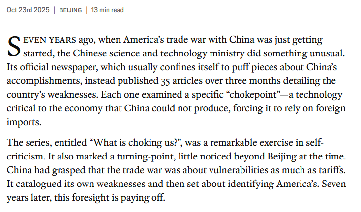 blob_watcher's tweet image. The Economist this week on how China started preparing early for Trump&apos;s regularly scheduled chimp outs over trade with Alcoholics Anonymous tier honesty and self-critique.

As the US&apos;s original target, it had a seven year head start over everyone else.