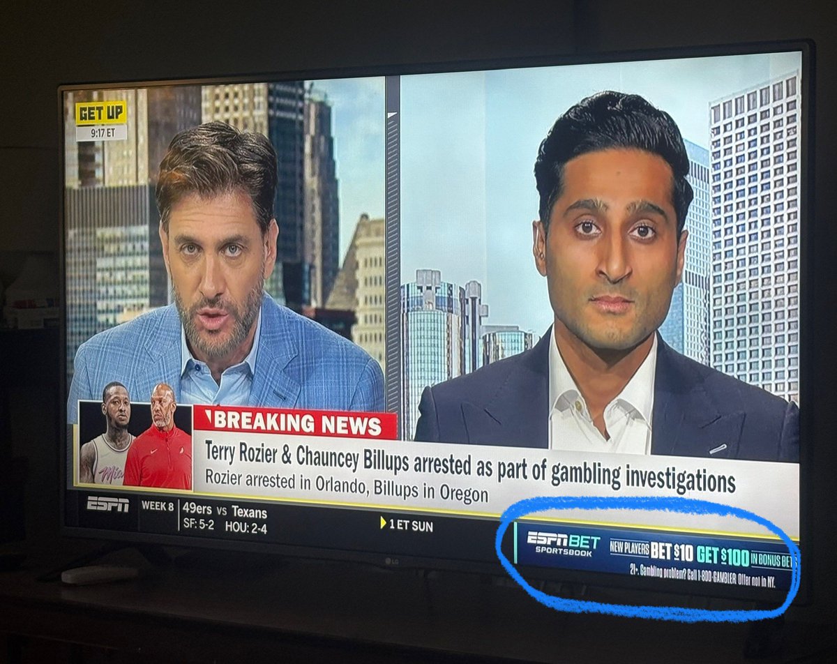 <a href="/ShamsCharania/">Shams Charania</a> Report on a gambling scandal while simultaneously promoting your gambling business