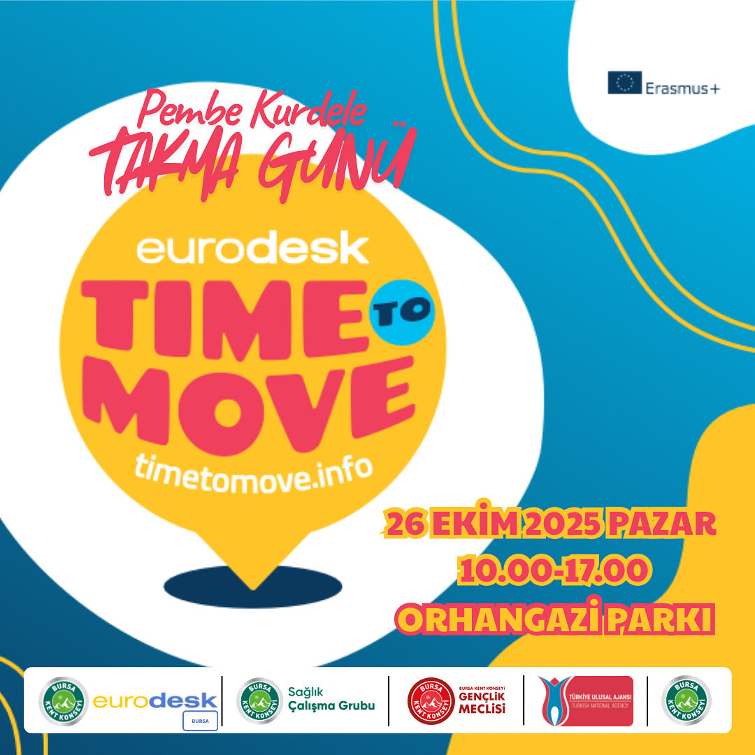 BursaKentKonsey's tweet photo. Bursa Kent Konseyi Eurodesk ekibi olarak Avrupa fırsatlarını gençlerle buluşturmak amacıyla düzenlenen “Time to Move” etkinlikleri kapsamında 26 Ekim 2025 Pazar günü, 10.00–19.00 saatleri arasında Orhangazi Parkı’nda bilgilendirme yapacağız. https://t.co/fTRXu4sHlg