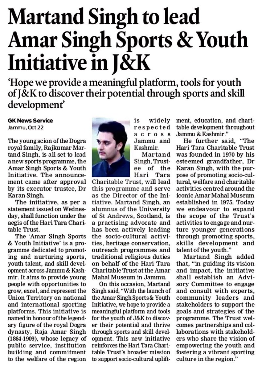 Martand_JK's tweet image. I am proud to launch the ‘Amar Singh Sports &amp;amp; Youth Initiative’ - a program dedicated to promoting and nurturing sports, youth talent and skill development across Jammu and Kashmir. We endeavour to provide a meaningful platform and the tools for the youth of J&amp;amp;K to harness their…
