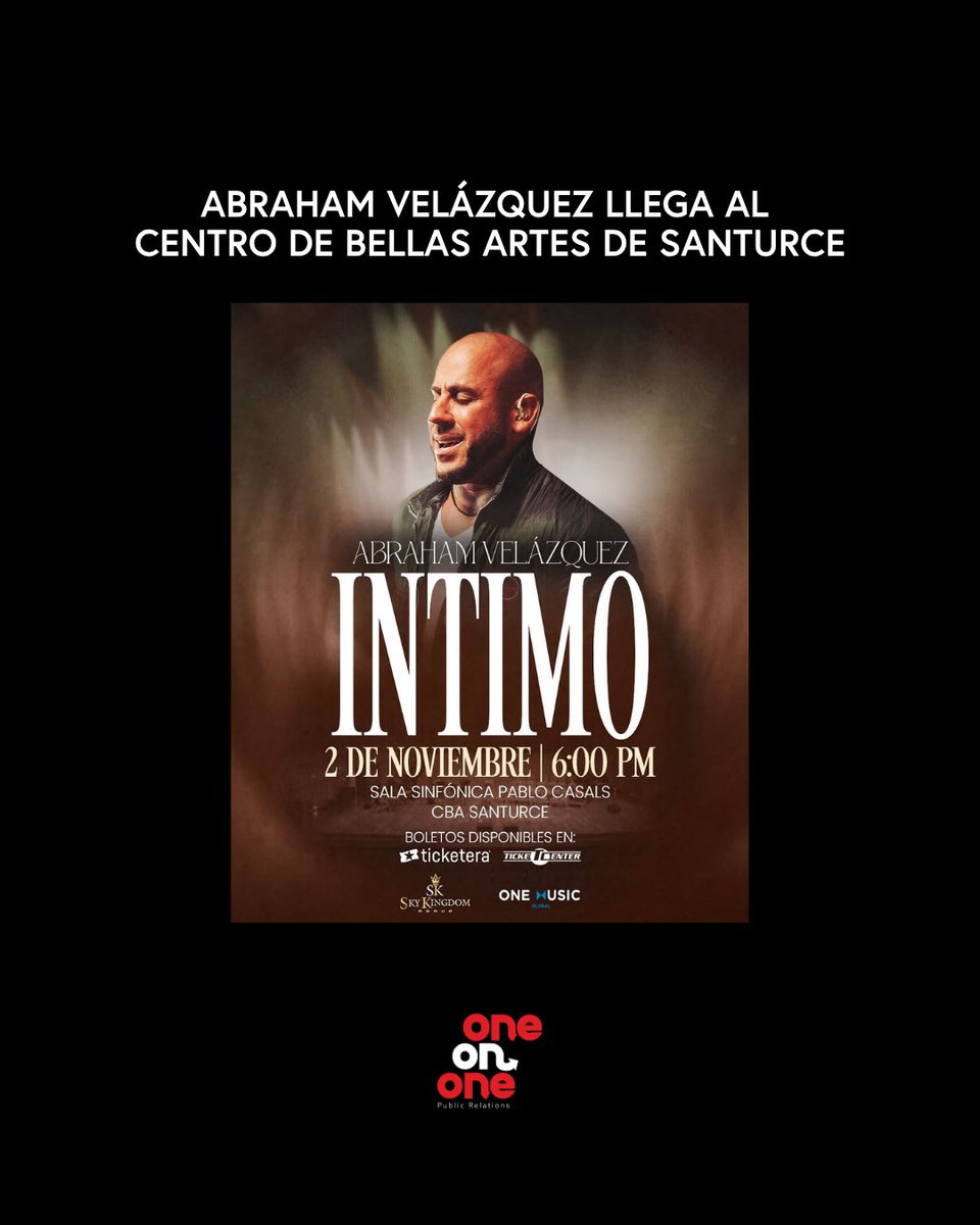 Abraham Velázquez se presentará en la Sala Sinfónica Pablo Casals del Centro de Bellas Artes de Santurce con su concierto “Íntimo”,el domingo, 2 de noviembre a las 6:00 pm. Una noche llena de fe y esperanza.Boletos en Ticketera.com y tcpr.com #OneOnOnePR