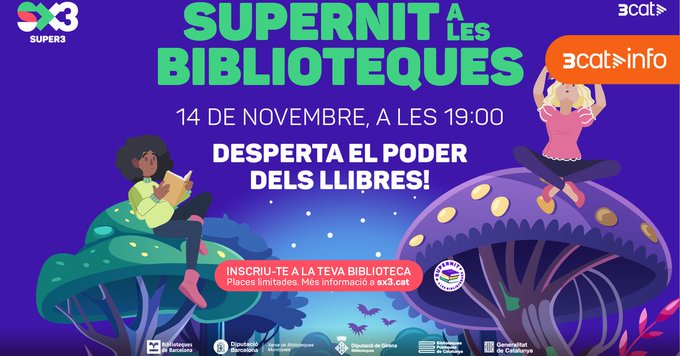 🌝📚💫 El 14 de novembre torna la  #Supernit a les 
 #biblioteques,  te la perdràs?

Tota la informació  i la llista de les 22 #BibliotequesLleida que hi participen 👉ja.cat/ABf70

<a href="/bibliotequescat/">Biblioteques</a> <a href="/bplleida/">Biblioteca P. Lleida</a> <a href="/som3cat/">3Cat</a>
