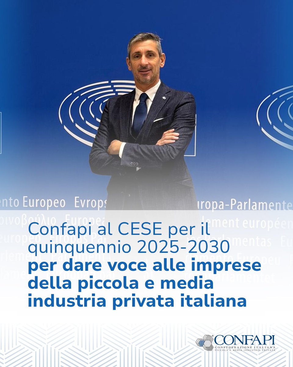 Confapi's tweet image. 🇪🇺 CONFAPI AL CESE, LA VOCE DELLE PMI INDUSTRIALI IN EUROPA  

La Confederazione sarà rappresentata come membro effettivo dal Presidente, @CristianCamisa e, come supplente, dal responsabile legislativo, Stefania Multari.