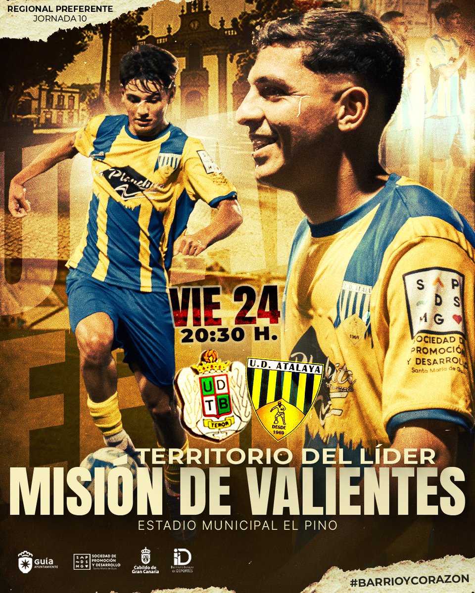 AtalayaUD's tweet image. 𝗠𝗜𝗦𝗜𝗢́𝗡 𝗗𝗘 𝗩𝗔𝗟𝗜𝗘𝗡𝗧𝗘𝗦 𝗘𝗡 𝗧𝗘𝗥𝗥𝗜𝗧𝗢𝗥𝗜𝗢 𝗗𝗘𝗟 𝗟𝗜́𝗗𝗘𝗥!! ⚔️⚽
Este viernes visitamos al U.D. Teror (20:30H.) en el Municipal El Pino. Sabemos que no será fácil, pero vamos con todo y con el corazón de siempre.

Contamos con ustedes, afición.💛💙
