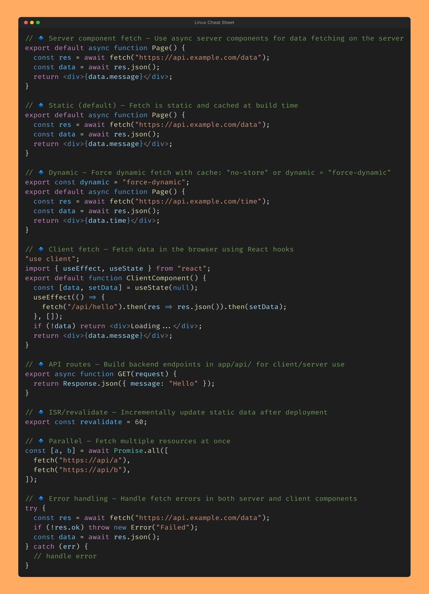 thedevspaceio's tweet photo. ⚡ Next.js Data Fetching Patterns Cheat Sheet

#Nextjs #React #WebDev #DataFetching #CheatSheet #AppRouter #JavaScript https://t.co/6JyerIpRAN
