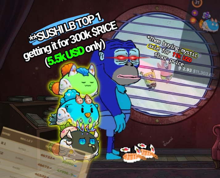 Them: “Buys mystic axie at floor price (~$11k).”

You: 🧠 buys Mystic Axie for half the floor price 
💰 300K $RICE (~$5.5K) vs. $11.5K floor.... easy math.

🟢 Plus 2 more Mystics up for VIP RAFFLE grabs. 

NOW THINK AGAIN... 👀 
<a href="/RiceFarmerRonke/">Ronke Rice Farmers</a>
<a href="/RonkeOnRon/">Ronin Monke</a>