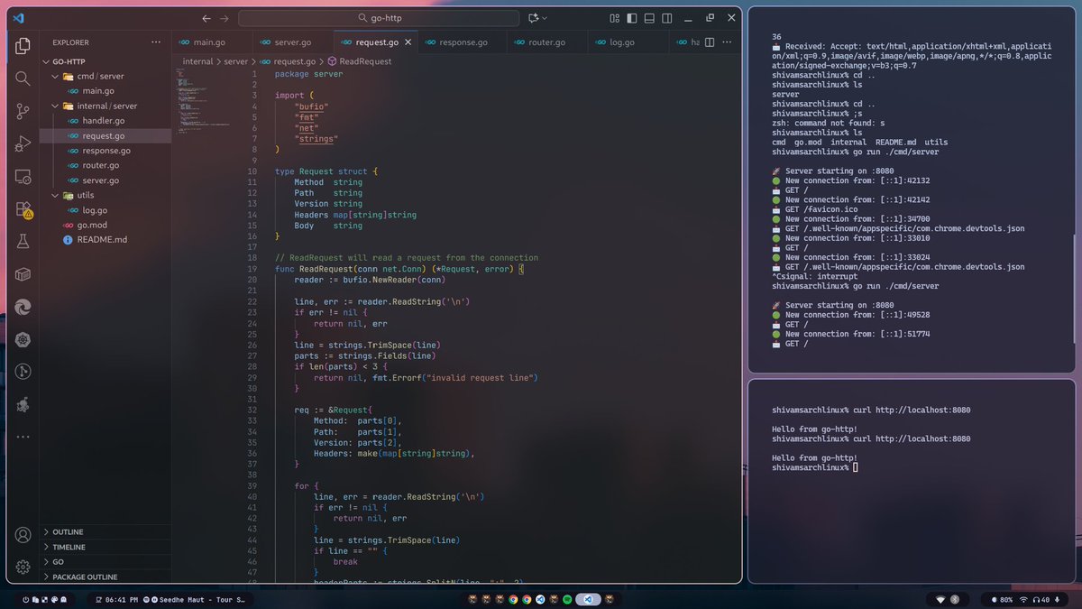 sagethefoxx's tweet image. Built a small HTTP server from scratch in Go.
Just basic sockets, reading requests, and sending back responses. Learned how connections actually work under the hood.
Code: github.com/ShivamJha2436/…