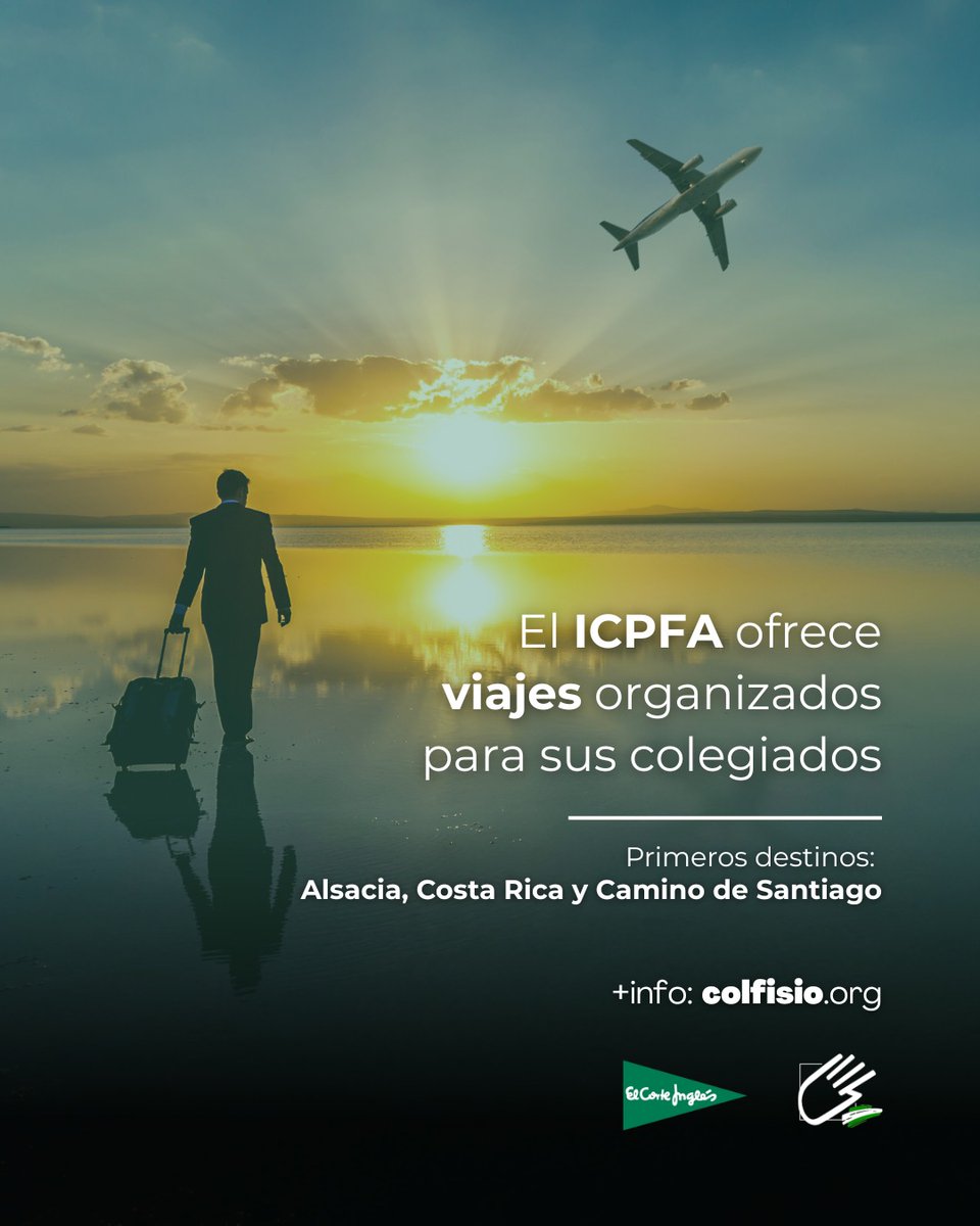 El ICPFA ofrece un nuevo servicio de viajes en grupo para sus colegiados en colaboración con El Corte Inglés  

✈️ Los primeros destinos son Alsacia, Costa Rica y Camino de Santiago

Conoce aquí los detalles:
colfisio.org/new/68f9f1f3fa…
#colfisio #viajes