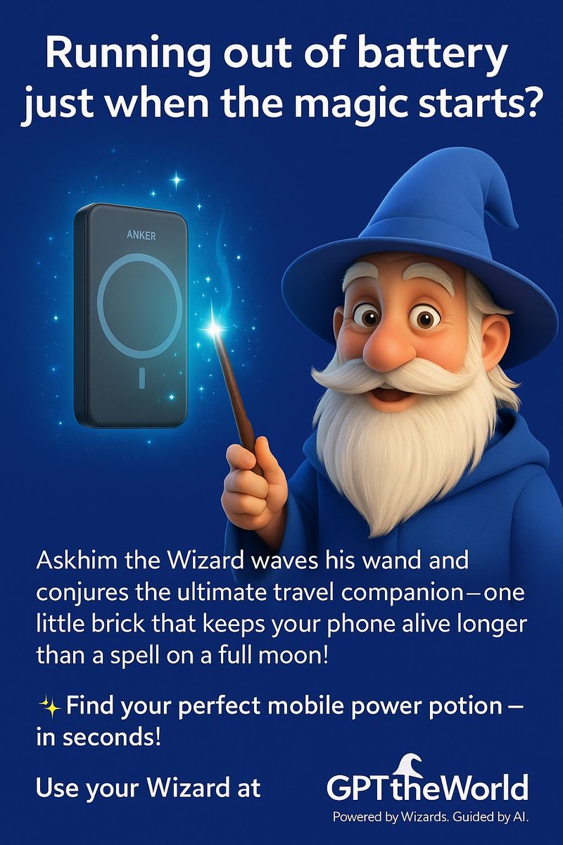 GPTtheWorld's tweet image. “Running out of battery just when the magic starts? Not on my watch!”
Askhim the Wizard waves his glowing wand and conjures the ultimate travel companion—one little brick that keeps your phone alive longer than a spell on a full moon!
cutt.ly/8rEMpq8O #GPTtheWorld #Askhim