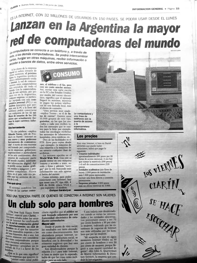 hernanpanessi's tweet image. Archivo sensacional: Diario Clarín anuncia la llegada de "la mayor red de computadoras del mundo". Así nomás: llegaba Internet al país. Qué maravilla. Una noticia que nos cambiaría la vida. Definitivamente, aquel era un Internet más libre. Salió el viernes 2 de junio de 1995.