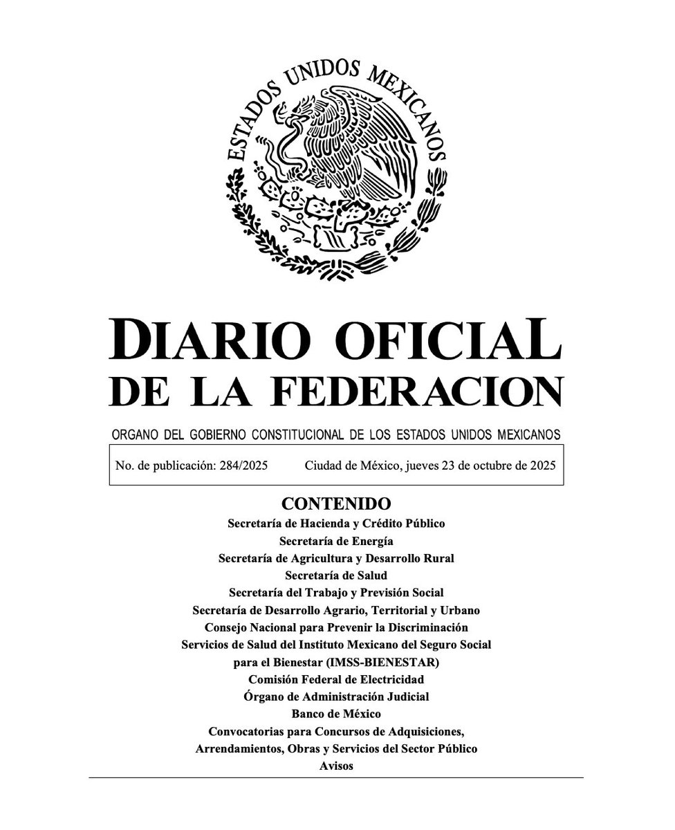 OJN_SEGOB's tweet photo. 📜 Diario Oficial de la Federación @DOF_SEGOB
23-10-2025 Edición Matutina
👉 https://t.co/kUqYvzVo4w
@SEGOB_mx 
.
.
. 
#DOF #México
#23DeOctubreDe2025   
#OrdenJurídicoNacional
#OJN https://t.co/3BFHWx35MK