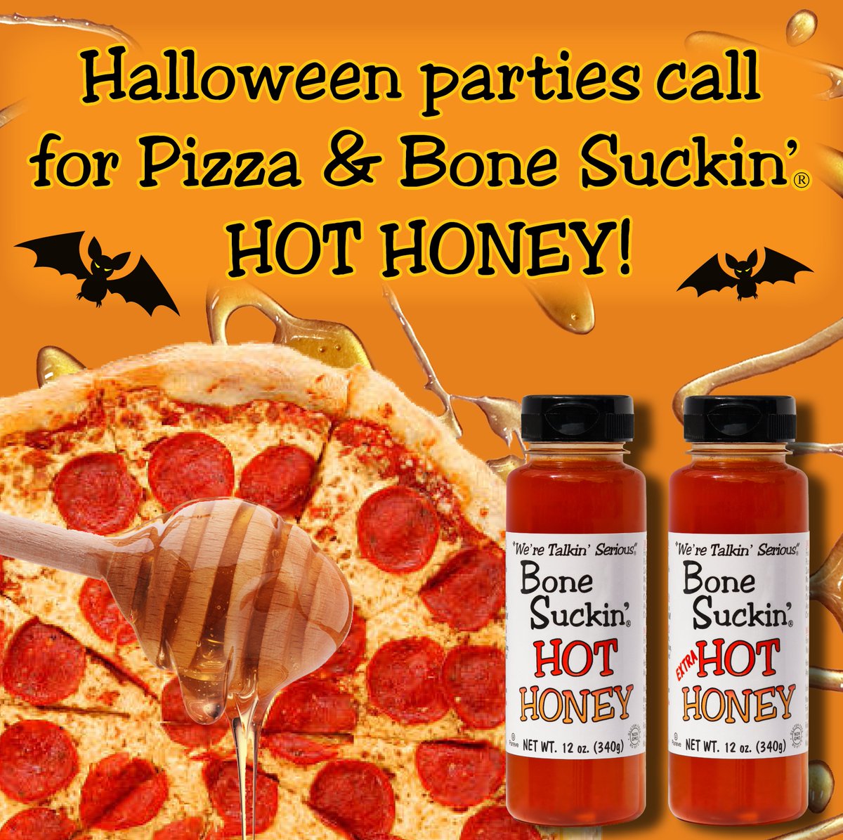 Forget tricks, this is all treat (with a fiery edge). 🔥 Spice up Your Halloween party pizza with a drizzle of Bone Suckin' Hot Honey! 🍕🍯 It's the sweet heat that awakens the taste buds and makes every slice utterly addictive.

Don't be a ghoul—give your guests the flavor they