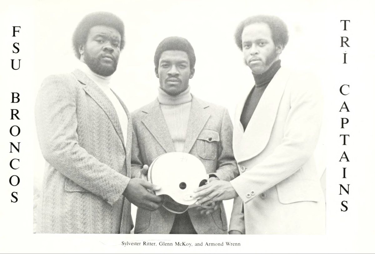 Sparks (@sparks3rdcoast) on Twitter photo 1975 Fayetteville State Broncos football team captains. 
Many of you may recognize the gentleman on the left. 1975 Fayetteville State Broncos football team captains. 
Many of you may recognize the gentleman on the left.