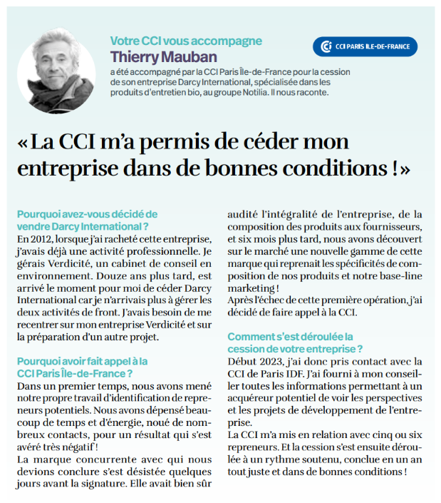 💬 Témoignage de Thierry Mauban, accompagné par la <a href="/CCI_Paris_IdF/">CCI Paris IdF</a> pour la cession de Darcy International. 
📢 Vous souhaitez céder ou reprendre une entreprise ? Rdv à Transfair, le 24/11 à la Maison du Barreau de Paris !
🔗ecoreseau.fr/chronique-edit…
📝cci-paris-idf.fr/fr/entreprises…