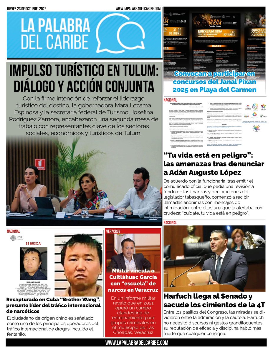 Impulso turístico en Tulum: diálogo y acción conjunta entre gobierno y sectores productivos - bit.ly/47k239H

Convocan a participar en concursos del Janal Pixan 2025 en Playa del Carmen - bit.ly/47qi26t

Harfuch llega al Senado y sacude los cimientos de la 4T