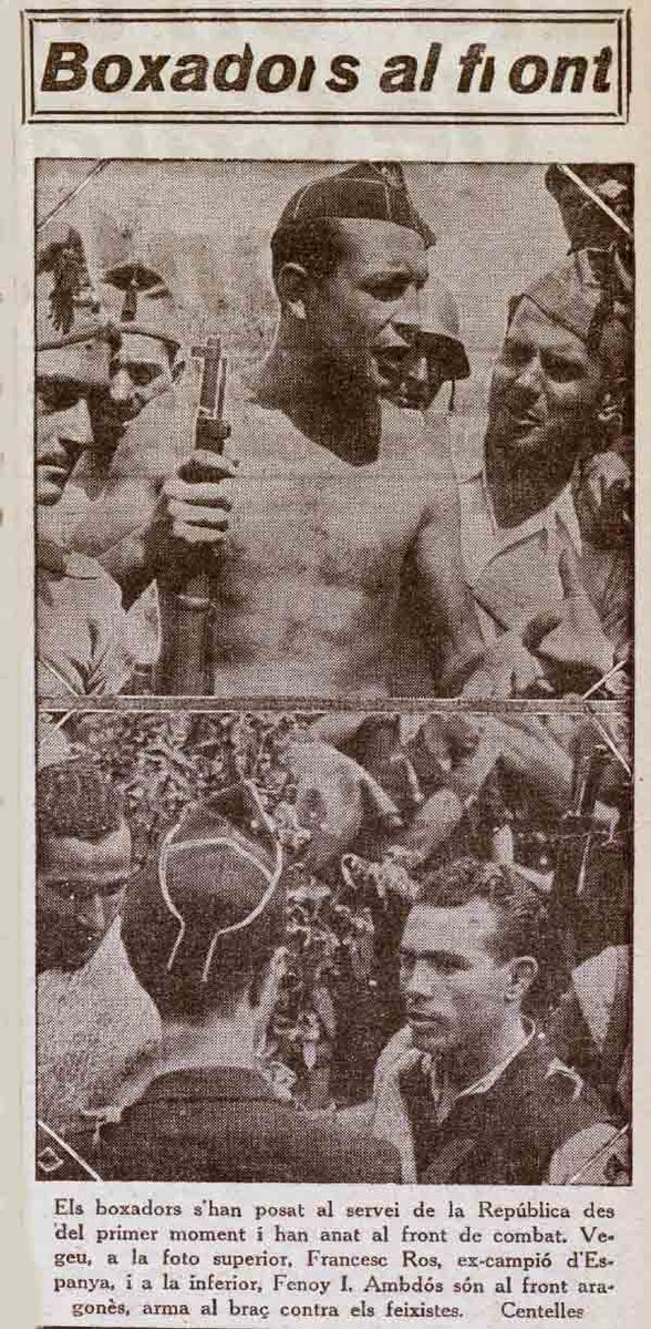 Nick Lloyd (@civil_war_spain) on Twitter photo Catalan boxer Francesc Ros i Murtra, 1927 middleweight champion of Spain, on the Aragón front in 1936, encouraging his fellow militia fighters, I think ERC. Original b/w photo by Agustí Centelles. One of a series of gifted prewar Catalan boxers. Via the excellent
<a href="/CatalunyaColor/">Catalunya Color</a> Catalan boxer Francesc Ros i Murtra, 1927 middleweight champion of Spain, on the Aragón front in 1936, encouraging his fellow militia fighters, I think ERC. Original b/w photo by Agustí Centelles. One of a series of gifted prewar Catalan boxers. Via the excellent
<a href="/CatalunyaColor/">Catalunya Color</a>
