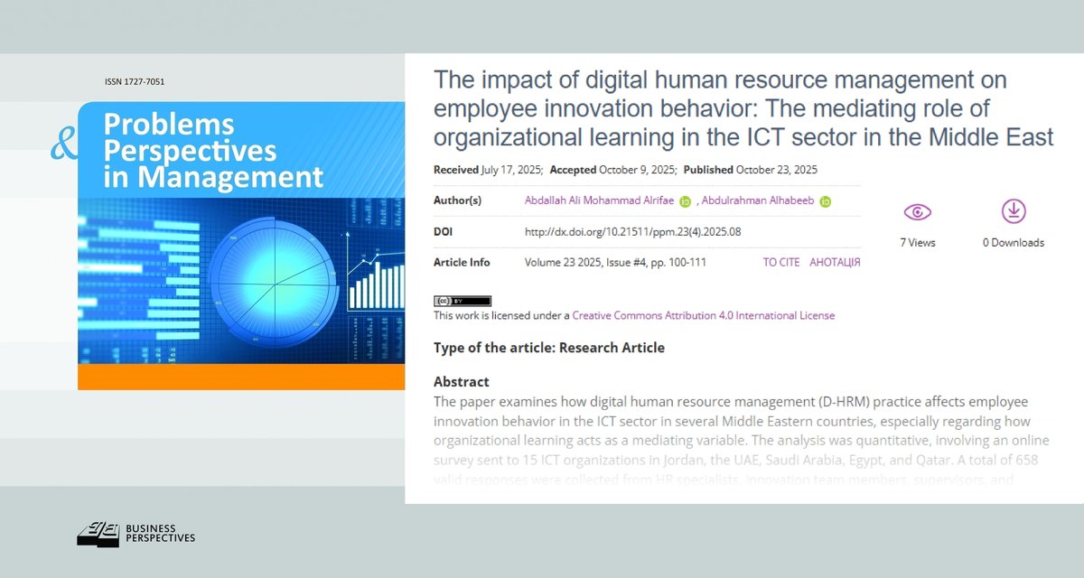 🔗 dx.doi.org/10.21511/ppm.2…
📝 The impact of digital human resource #management on employee innovation behavior: The mediating role of organizational learning in the ICT sector in the #MiddleEast
👥 Abdallah Ali Mohammad Alrifae, Abdulrahman Alhabeeb