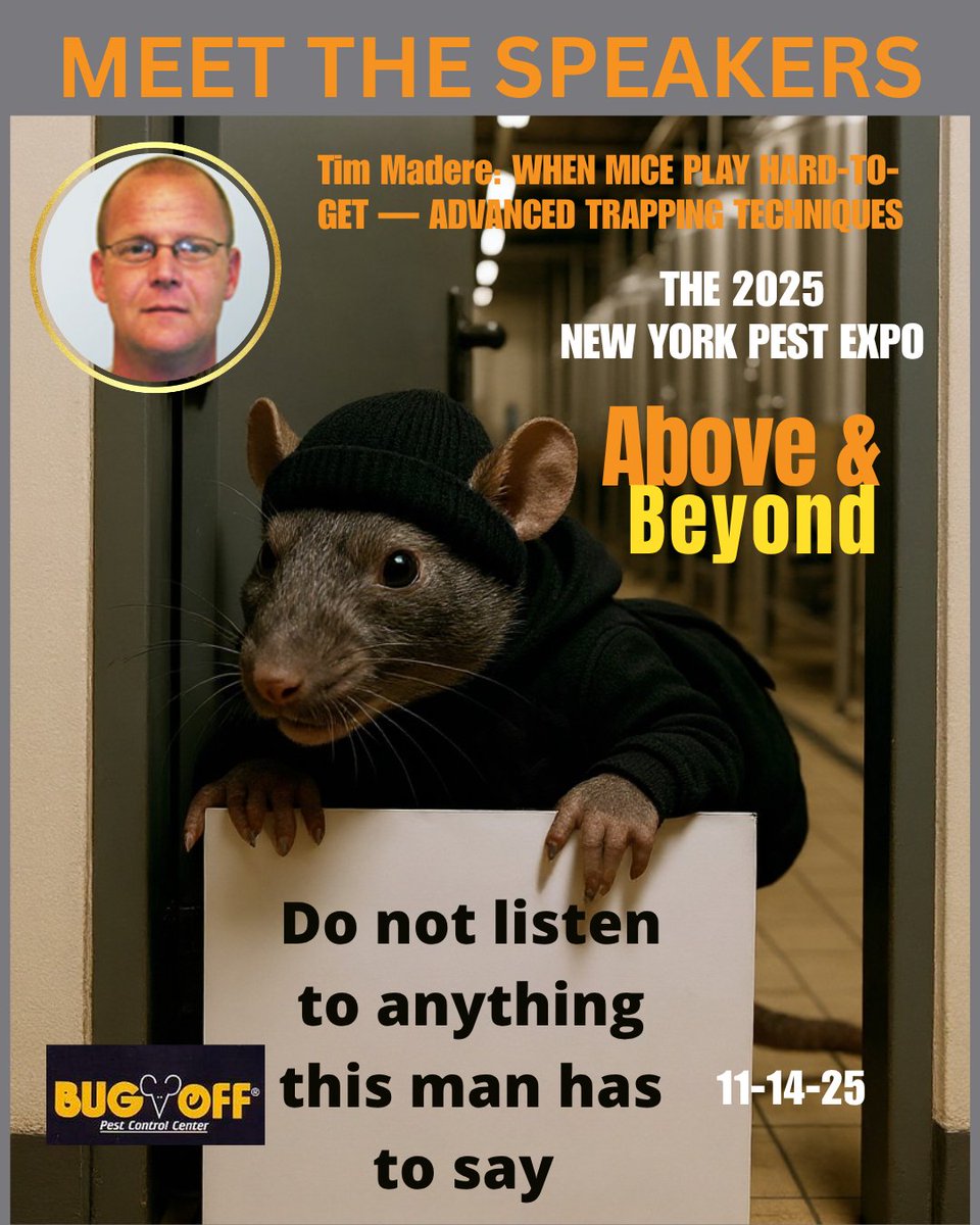 BugOffPest's tweet image. Meet Tim Madere, Urban Rodentologist/Pest Control Specialist III @NolaMosquito  at the 2025 New York Pest Expo!
🎯 Session: When Mice Play Hard-To-Get – Advanced Trapping Techniques
👉 Register: tinyurl.com/ms5sxfye
#NewYorkPestExpo #PestControl #RodentControl #BugOff