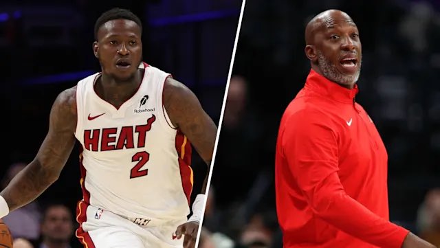 Split image shows Terry Rozier on left wearing white Miami Heat jersey with number 2, Nike logo, and red accents, standing on basketball court with arms extended, and Chauncey Billups on right wearing red zip-up jacket, smiling, against blurred background.