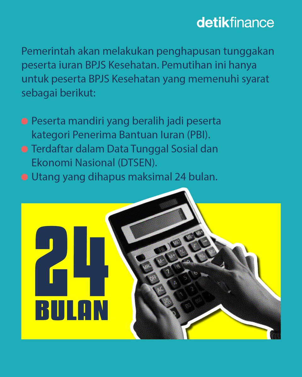 detikfinance's tweet image. Menkeu Purbaya Yudhi Sadewa telah menyiapkan anggaran Rp 20 triliun pada APBN 2026 untuk menghapus atau memutihkan tunggakan iuran BPJS Kesehatan masyarakat tak mampu.

Seperti apa kategorinya? Cek di slide berikutnya!

&amp;gt;&amp;gt; finance.detik.com/moneter/d-8174…

#BPJS #BPJSKesehatan #Pemutihan