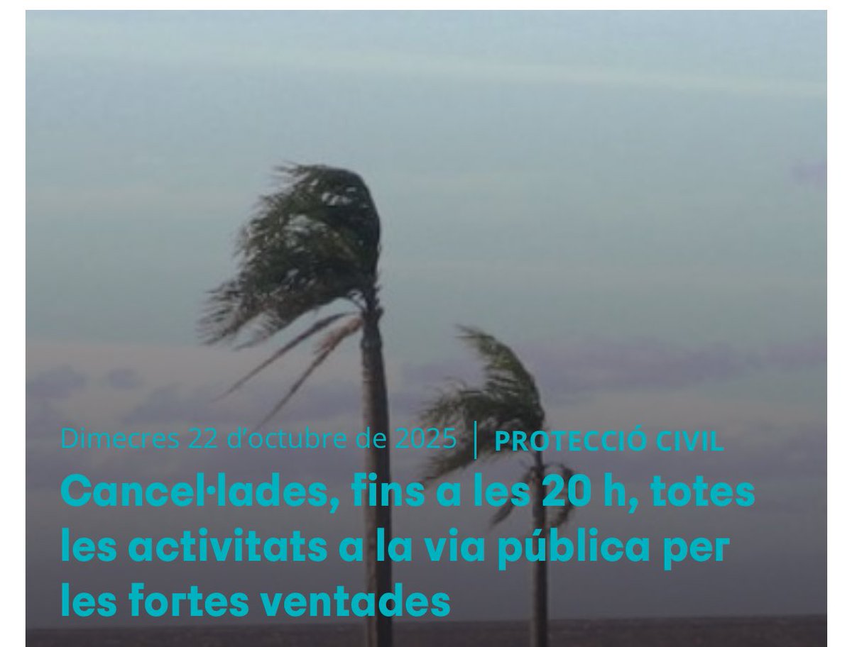 ⸻

🌬️ Aviso importante a la ciudadanía

Ante el riesgo de fuertes vientos y siguiendo las recomendaciones del PROCICAT, el Ayuntamiento de Castelldefels informa que:

⚠️ Se cancelan todas las actividades previstas en la vía pública.