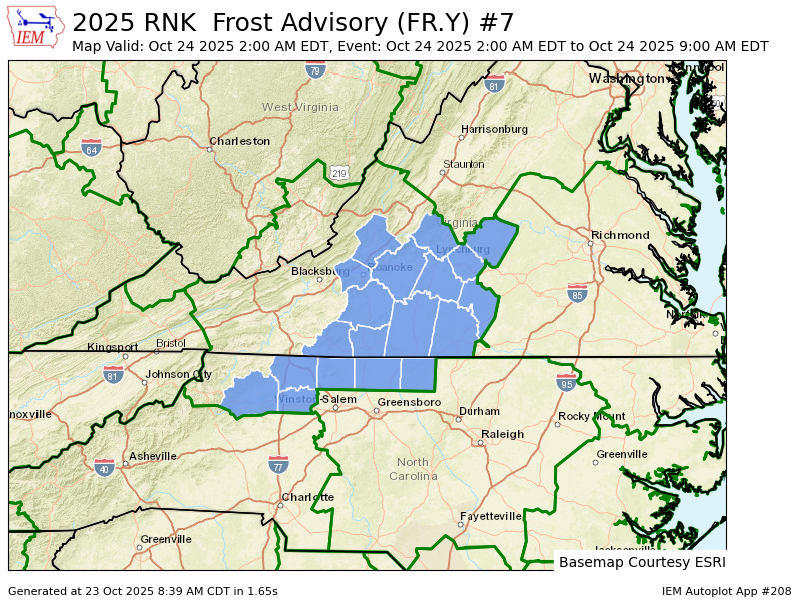 RNK continues Frost Advisory valid at Oct 24, 2:00 AM EDT for Surry, Wilkes, Yadkin [NC] and Amherst, Appomattox, Bedford, Botetourt, Buckingham, Campbell, Charlotte, Franklin, Halifax, Henry, Patrick, Pittsylvania, Roanoke [VA] till Oct 24, 9:00 AM EDT mesonet.agron.iastate.edu/vtec/f/2025-O-…
