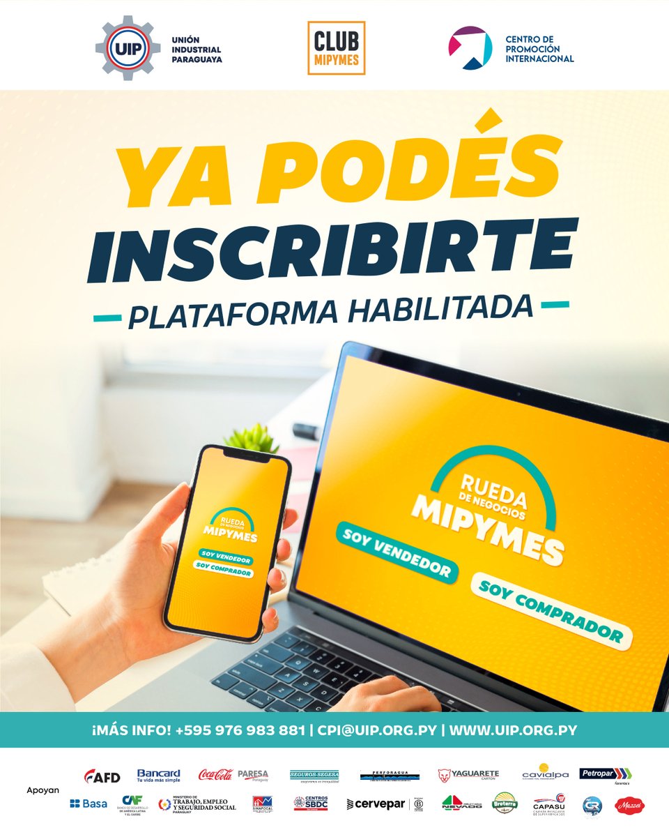 UIP_py's tweet image. 📣¡Ya podés inscribirte en la Rueda de Negocios MIPYMES 2025!
📅12 de noviembre
🕐13:00 a 17:30 h
📍Sede de la UIP
🔗Inscribite sin costo como:
👉 Comprador: ruedamipymesuip2025.koyag.com/signinups/form…
👉 Vendedor / Mipyme industrial:
#RuedaMipymes #UIP #ClubMipymes #CPI