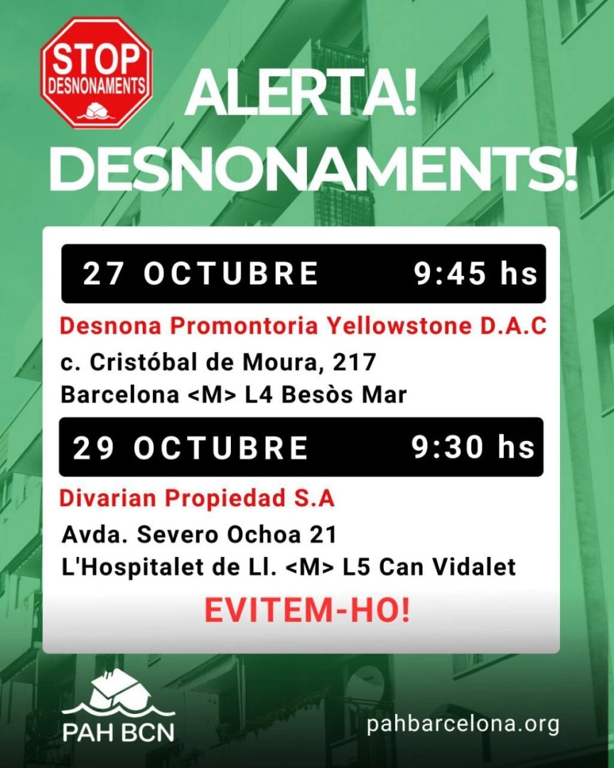 🚨 La propera setmana tenim dos desnonamets parocinats per especuladors que prioritzen els seus beneficis al benestar de la gent.
✊ Aturem-los!
🛑 #StopDesnonaments @_habitatgesta @_shvernedabesos @_pahlhospitaletl @_sindicathabsc @_habitatgegracia @_habitatge9b...