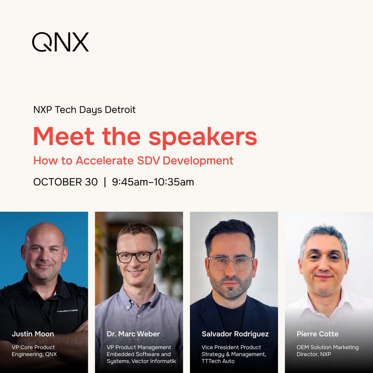 🚗 QNX is heading to NXP Tech Days Detroit on October 29–30!
💡 Join the experts from QNX, Vector, TTTech Auto, and <a href="/NXP/">NXP</a> as they share insights on accelerating SDV development.
🕘 October 30 | 9:45–10:35 AM | Grand Ballroom
🔧 The QNX team will be showcasing the QNX Everywhere