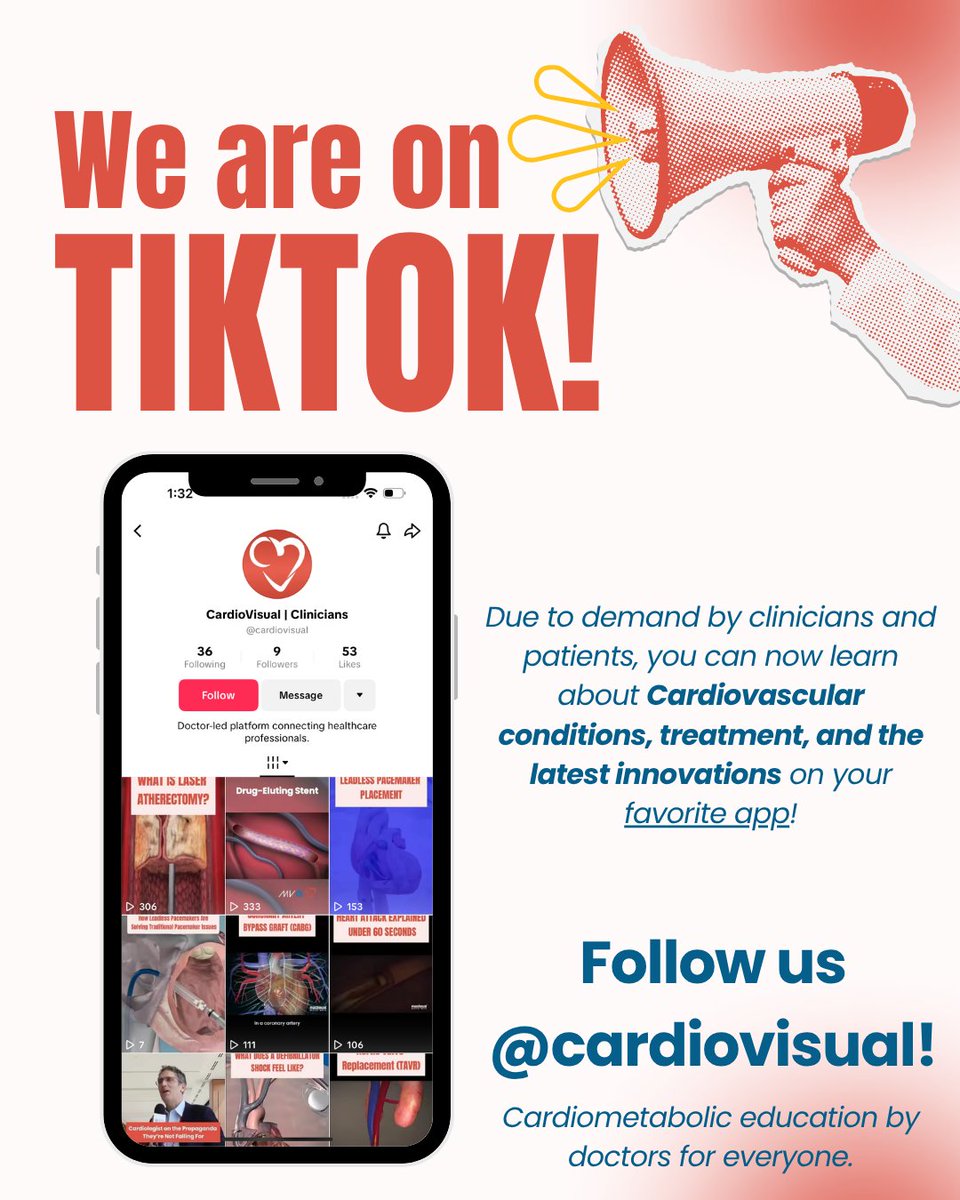 CardioVisualApp's tweet image. Add us on TikTok to learn about cardiometabolic conditions, therapies, and innovation on your favorite app! tiktok.com/@cardiovisual
